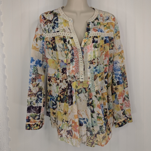 Anthro Maeve Floral Crochet Trim Babydoll Blouse 6 - Picture 3 of 8